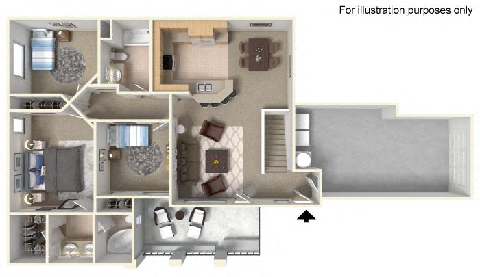 Floor plan for 3 beds, 2 baths, 1196 sqft